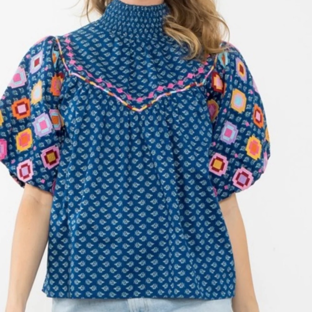 THML Embroidered Bubble Sleeve Blouse